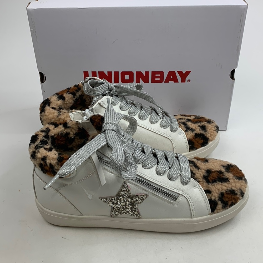 Union Bay Emma High Top White leopard print glitter Star sneakers Size 9 New NWT